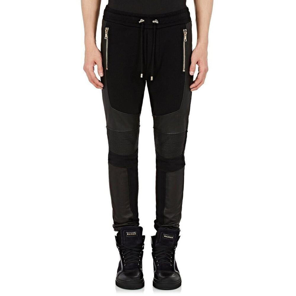 Mens Balmain Black French Terry and Leather Moto Jogger Sweatpants-XL